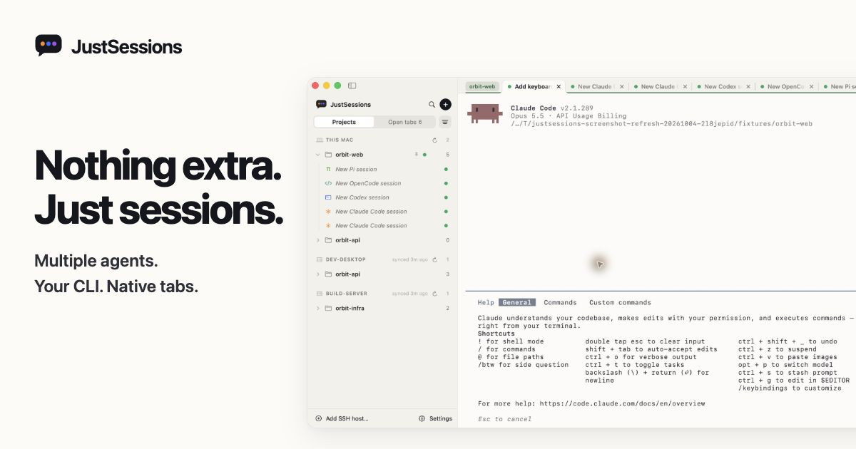 JustSessions: Nothing extra. Just sessions. A native macOS window showing projects and a Claude Code terminal.